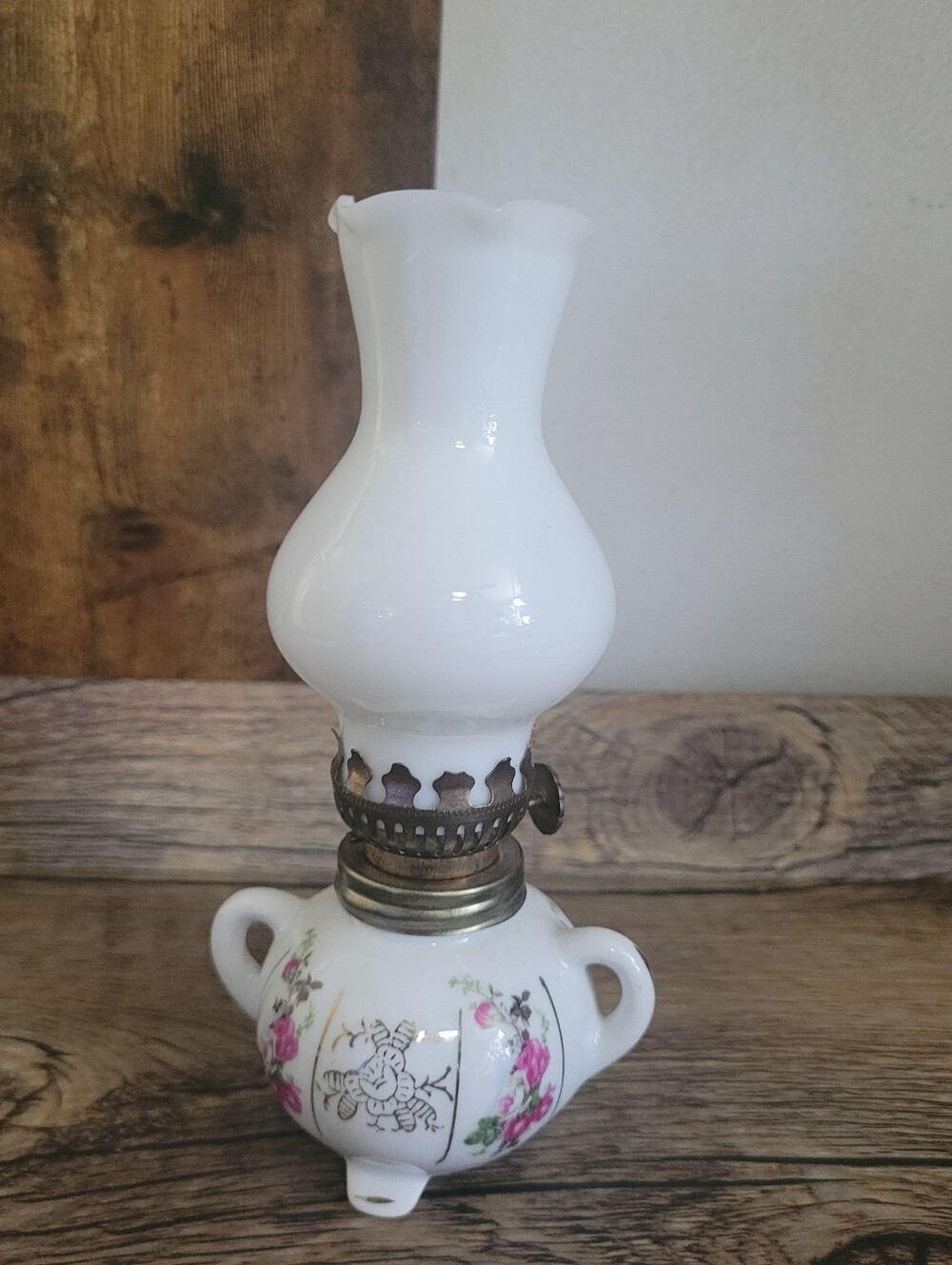 Vintage Miniature White Porcelain Floral Oil Lamp with Brass Accent